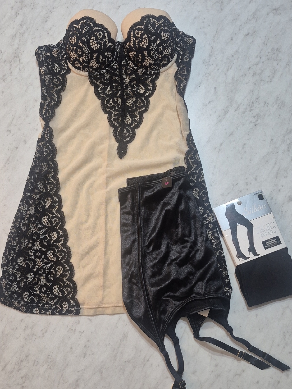 Beige and Black Lace Bustier Slip Dress with Garter